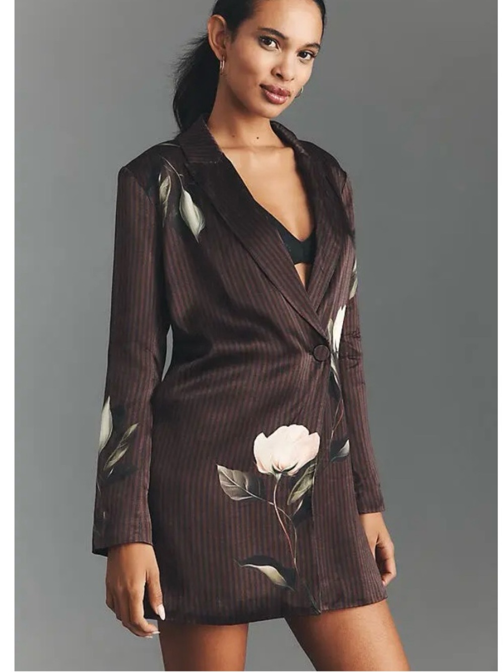 Anthropologie Floral Brown Pinstripe Silky Blazer Dress with Pale Pink Blooms